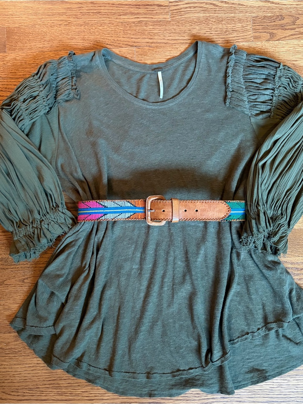 Free People Multicolor Woven Belt with Tan Leather Buckle